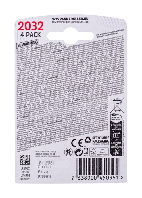 ENERGIZER BATERIA SPECJALISTYCZNA CR2032, 4 sztuki, 3V, ECO