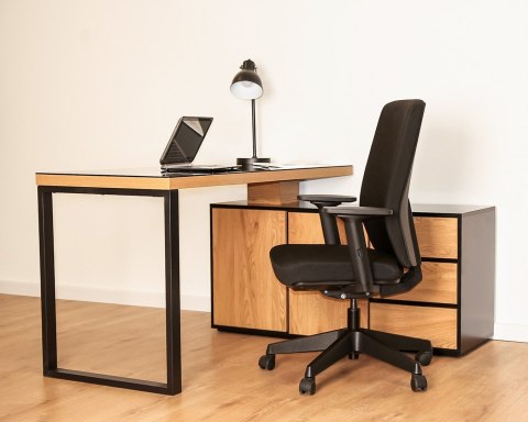 Biurko z blatem obrotowym i komodą NEIL czarny/dąb