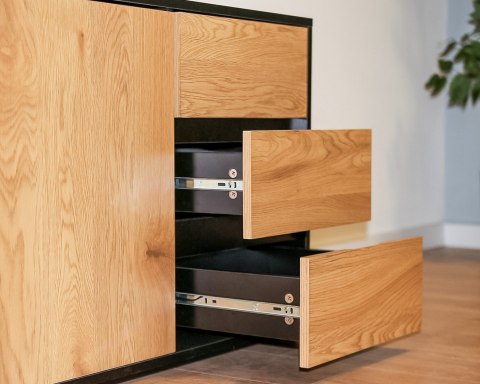 Biurko z blatem obrotowym i komodą NEIL czarny/dąb