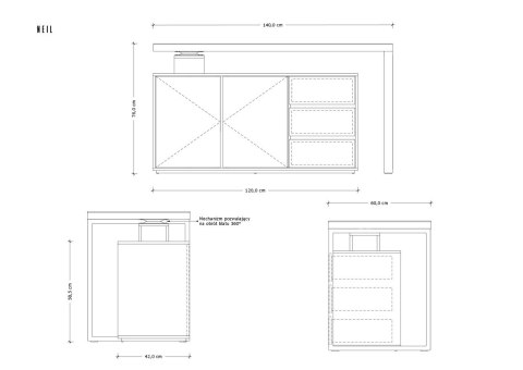 Biurko z blatem obrotowym i komodą NEIL czarny/dąb