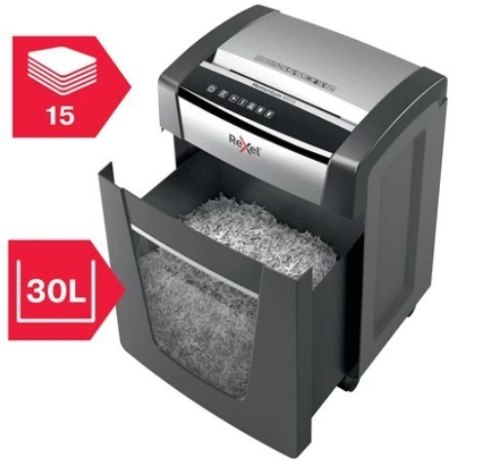 Rexel Niszczarka Momentum M515, P-5, 30L, 15 kartek, tnie na ścinki 2 x 15 mm, czarna