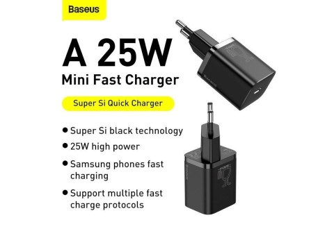 BASEUS ŁADOWARKA SIECIOWA Z KABLEM USB-C DO USB-C TZCCSUP-L01 SUPER SI 1C 25W CZARNA