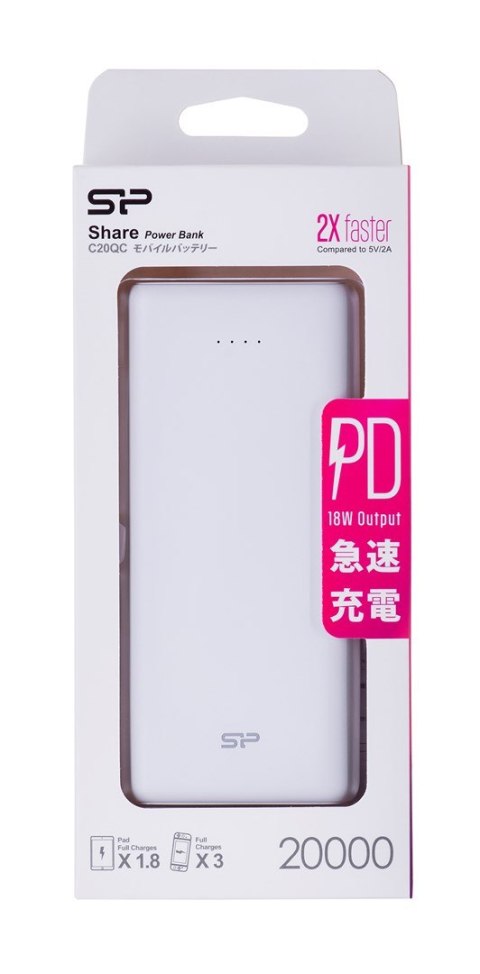 PowerBank Silicon Power Cell C20QC 20000mAh QC3.0+PD Micro USB typ B USB 3.0 USB-C kolor biały (SP20KMAPBKC20QCW)