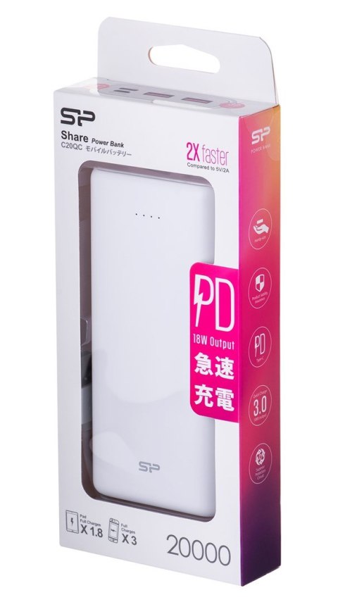 PowerBank Silicon Power Cell C20QC 20000mAh QC3.0+PD Micro USB typ B USB 3.0 USB-C kolor biały (SP20KMAPBKC20QCW)