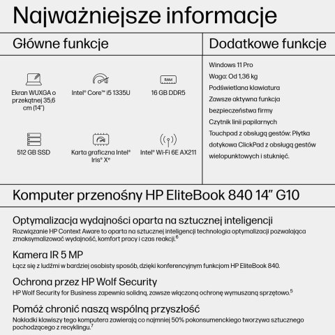 HP EliteBook 840 G10 i5-1335U 14"WUXGA Touch 16GB SSD512 BT BLKB FPR W11Pro Natural Silver (REPACK) 2Y (WYPRZEDAŻ)