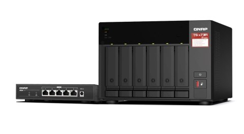 Zestaw Qnap TS-673A-SW5T (TS-673A-8G + switch QSW-1105-5T 5x2.5GbE), Tower, 6 x 2.5"/3.5" SATA, AMD Ryzen V1500B 4C/8T, 8GB DDR4