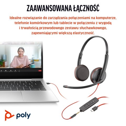 Poly Blackwire 3225 Stereo USB-C Headset +3.5mm Plug +USB-C/A Adapter (Bulk) 8X229A6