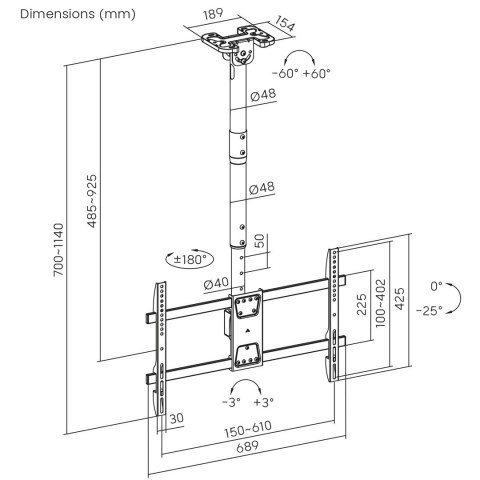 MACLEAN UCHWYT SUFITOWY DLA TV, MAX. OBCIĄŻENIE 60KG, 43-86", MAX VESA 600X400 MC-112 B