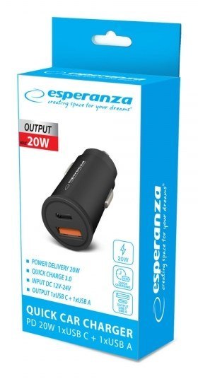 ESPERANZA ŁADOWARKA SAMOCHODOWA 20W USB-C PD 20W / USB-A QC 3.0 18W EZC111K