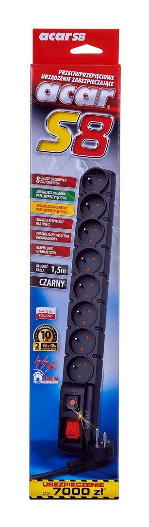 Listwa przeciwprzepięciowa HSK DATA ALP-ACARS8---0N (8 x UTE; 10 A; 1,5m; kolor czarny)