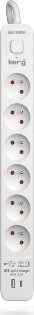 Listwa zasilająca KERG z wyłącznikiem-6 gniazd USBC+USBA 16A 3m
