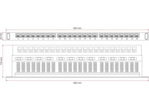 Patch panel A-LAN PK028 (0.5U; 19"; kat. 6; STP; 24xRJ-45)