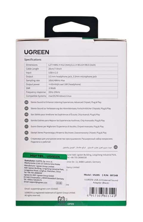 Ugreen zewnętrzna karta dźwiękowa adapter USB -3,5 mm mini jack 15cm (czarny)